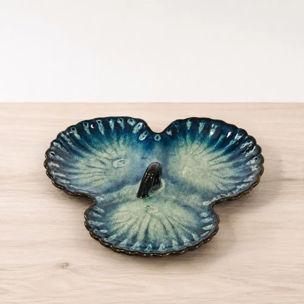 MCM 1960s California Pottery Blue Triple Section Scallop Shell Serving Tray